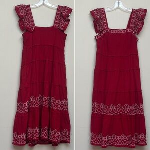 Knox Rose Red Embroidered Ruffle Sleeve Tiered Midi Dress – Size XS